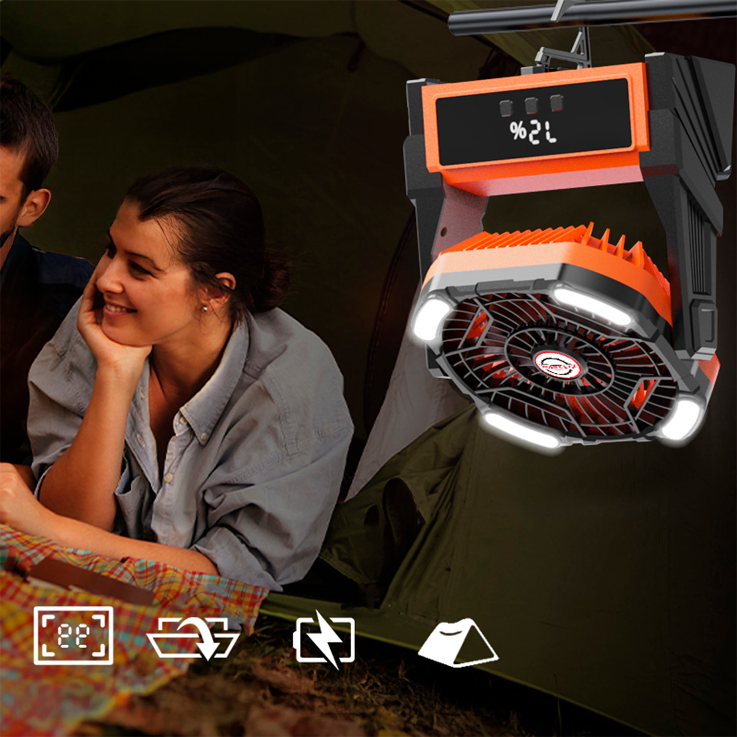 Ventilatore A16 con motore senza spazzole, LED con 32 luci, 4 velocità, 3 livelli di luce e timer. Angolo regolabile di 90º con gancio per appendere e powerbank da 10000 mAh.