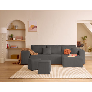 Topaze - canapé d'angle réversible 4 places - convertible avec coffre, tablette et poufs - en velours côtelé - Gris