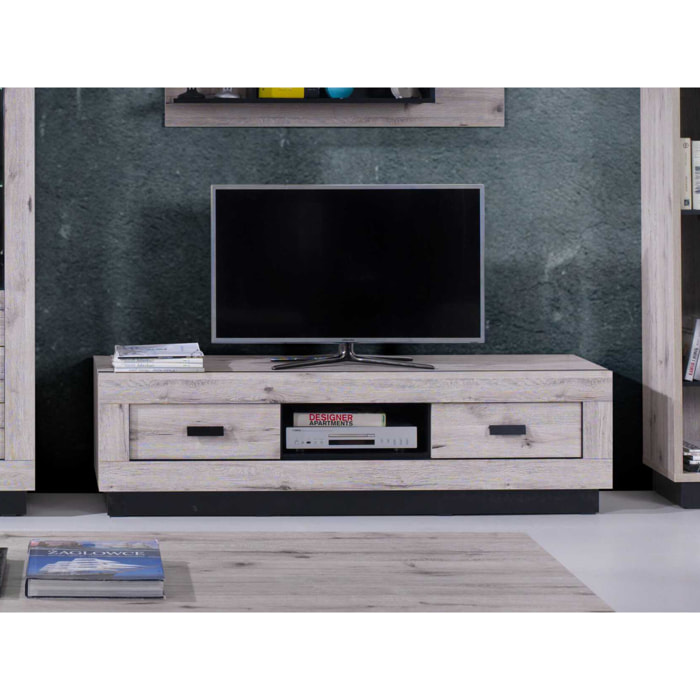 Otis - meuble TV - effet bois gris - 2 tiroirs et 1 niche - 170 cm - Bois / Gris
