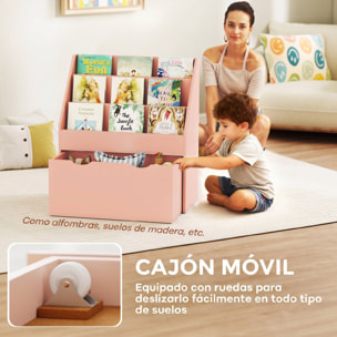 Estantería de Juguetes con 3 Compartimentos, Librería Infantil, Caja de Juguetes Móvil, Cajón con Ruedas, Multifuncioanl, para Dormitorio, Guardería, Sala de Juegos, Rosa