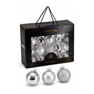 Set de 42 bolas de navidad de cristal plata, en varios tamaños y acabados