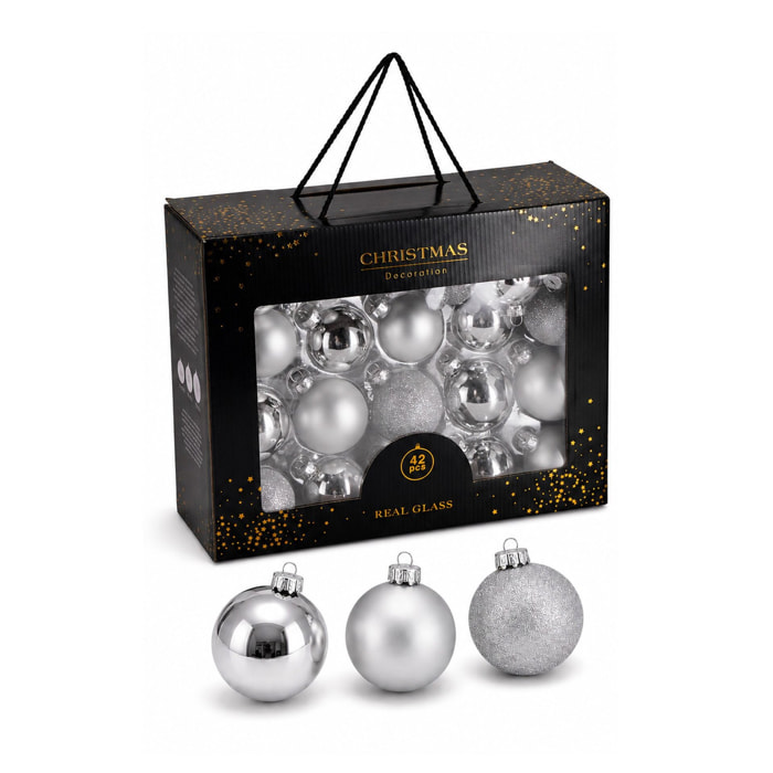 Set de 42 bolas de navidad de cristal plata, en varios tamaños y acabados