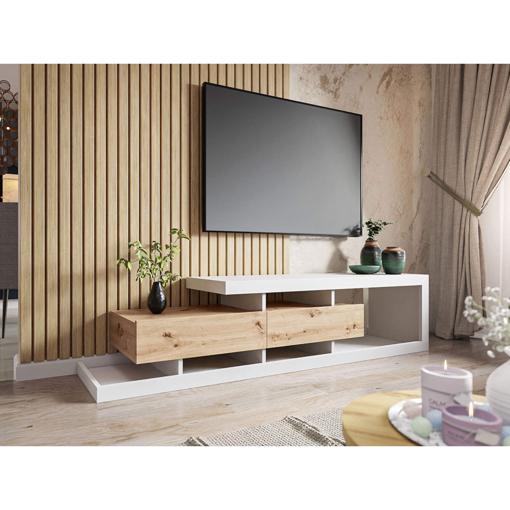 Olga - meuble TV - effet bois et blanc - 2 tiroirs - 198 cm - Bois / Blanc