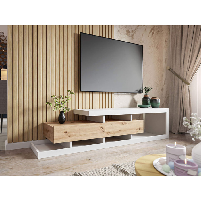 Olga - meuble TV - effet bois et blanc - 2 tiroirs - 198 cm - Bois / Blanc