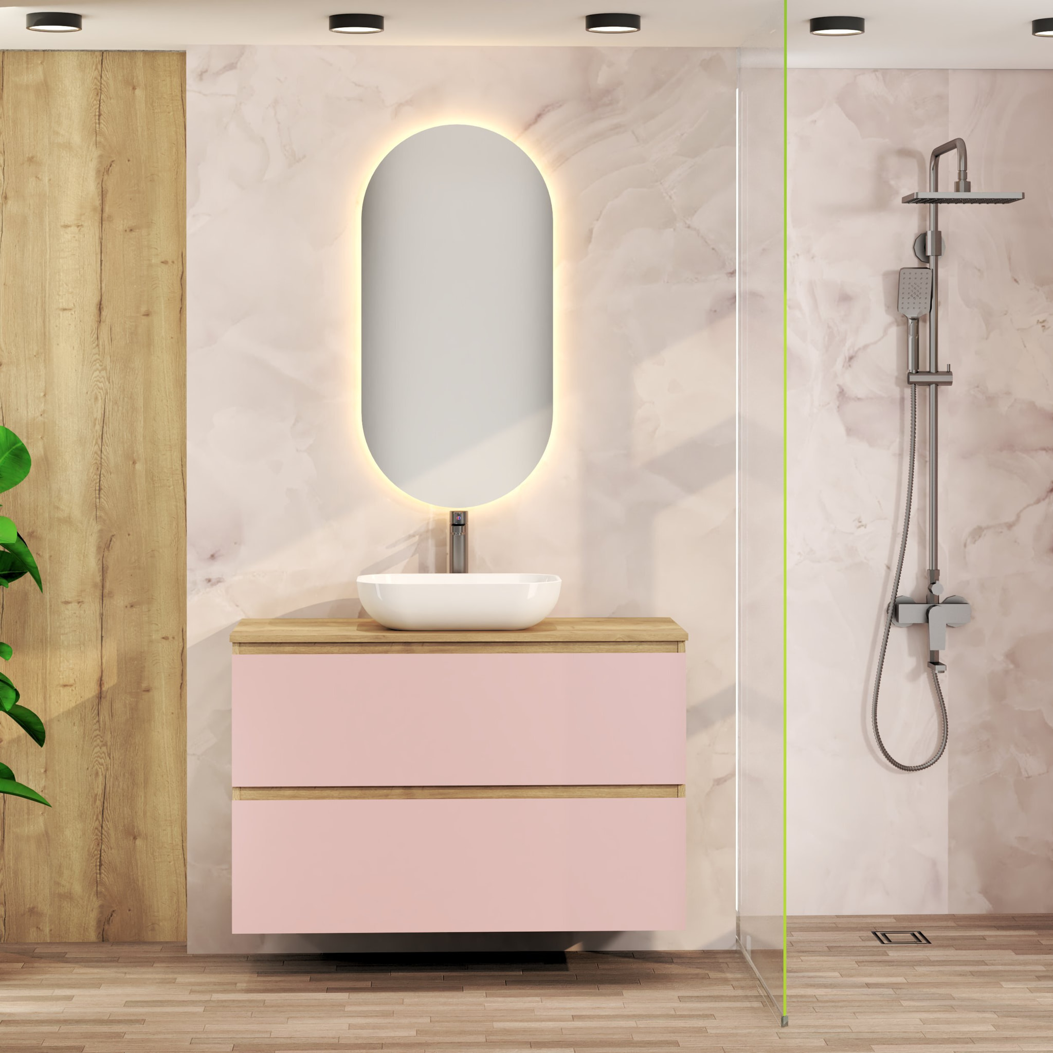 Conjunto de Baño Nia | Mueble Suspendido | 100 cm Rosa | Dos Cajones | Lavabo Sobrepuesto | No incluye Espejo | Mueble Montado| Alday