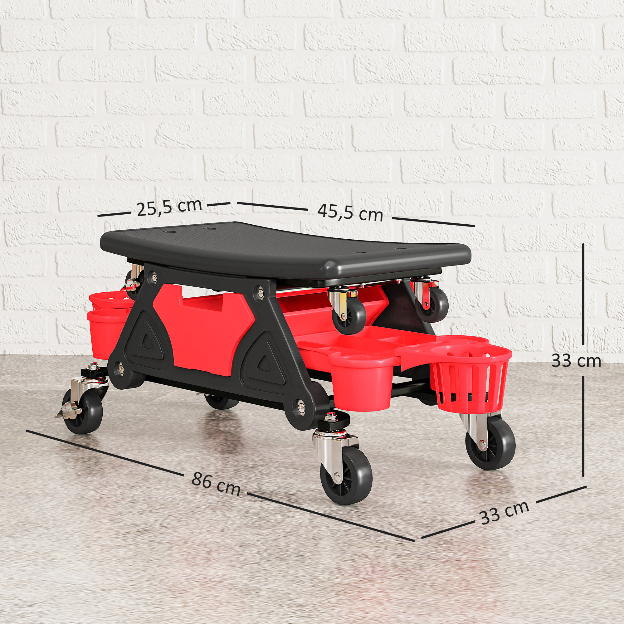 Taburete de Taller Giratorio con Ruedas Altura Ajustable Asiento Taburete para Mecánico con 2 Bandejas para Herramientas Portavasos Cajón Carga 135 kg para Garaje Reparación de Automóviles Rojo