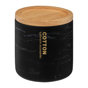 Pot à cotons noir "Léa" couvercle hévéa effet marbre