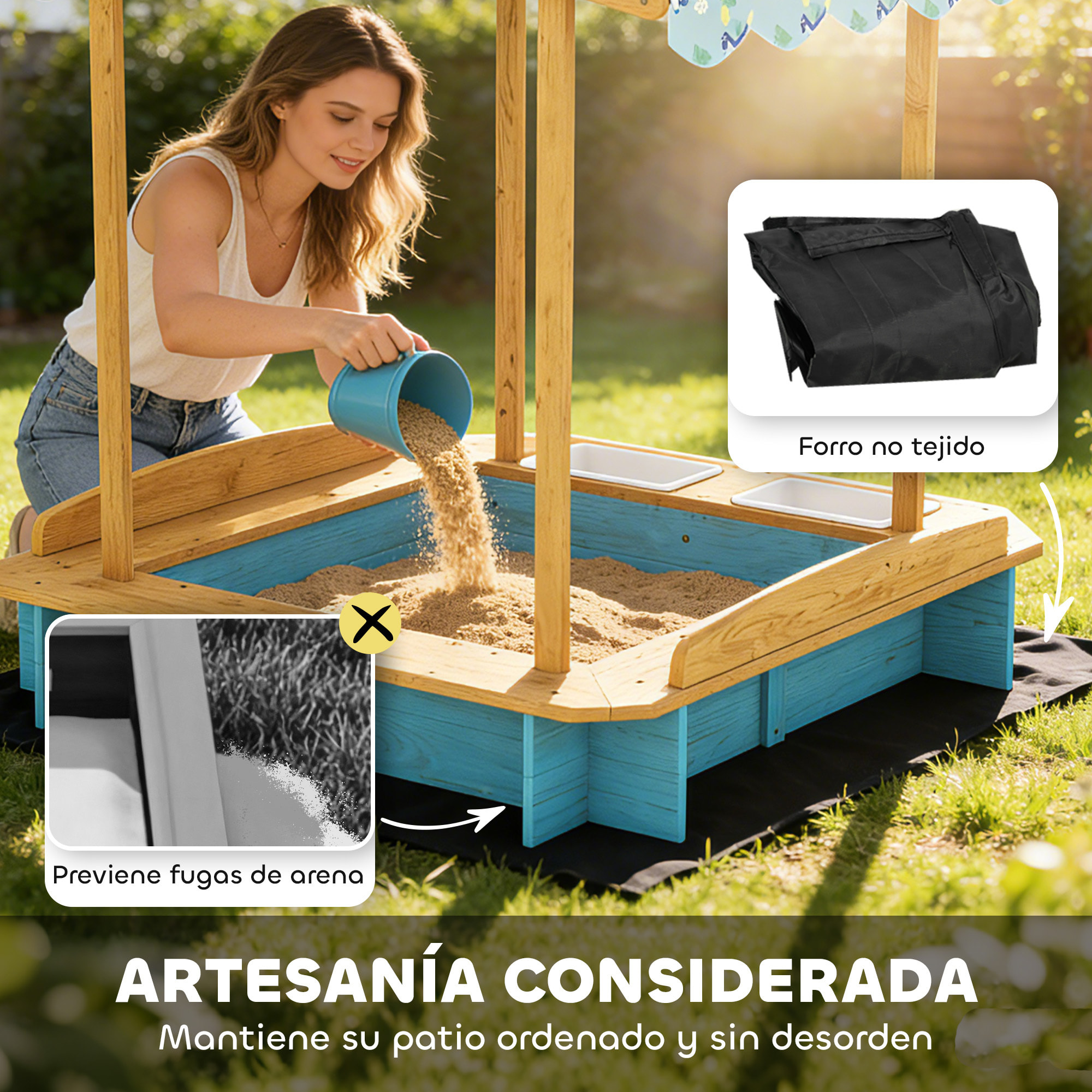 Arenero para Niños de Madera con Techo, Arenero Infantil con 3 Bancos, 2 Cajas de PP, Forro, Caja de Arena para Niños de 3-6 Años, para Patio, Jardín, Balcón, 128x118x121 cm, Azul