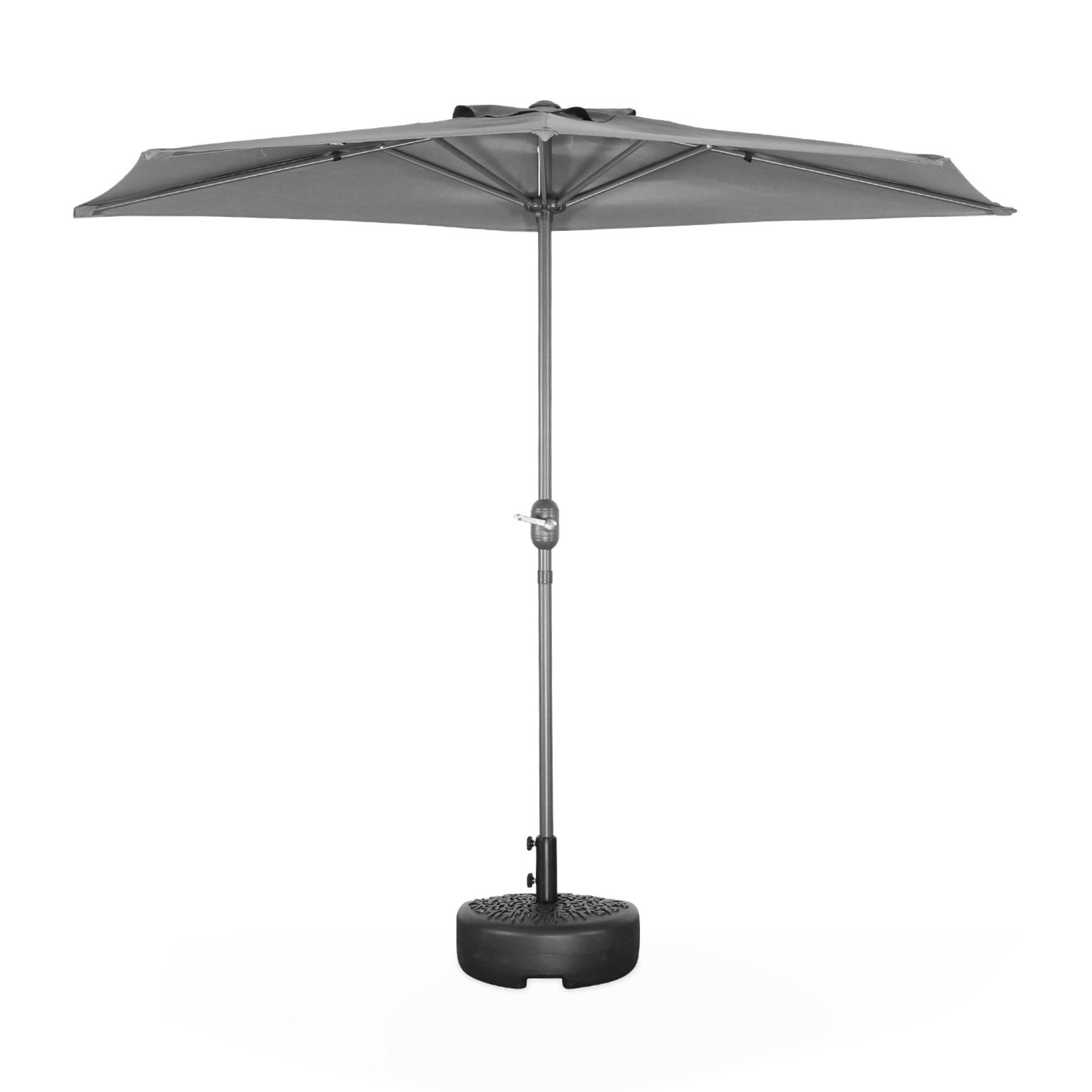 Parasol de balcon Ø250cm  – CALVI – Demi-parasol droit. mât central en aluminium avec manivelle d’ouverture. toile grise