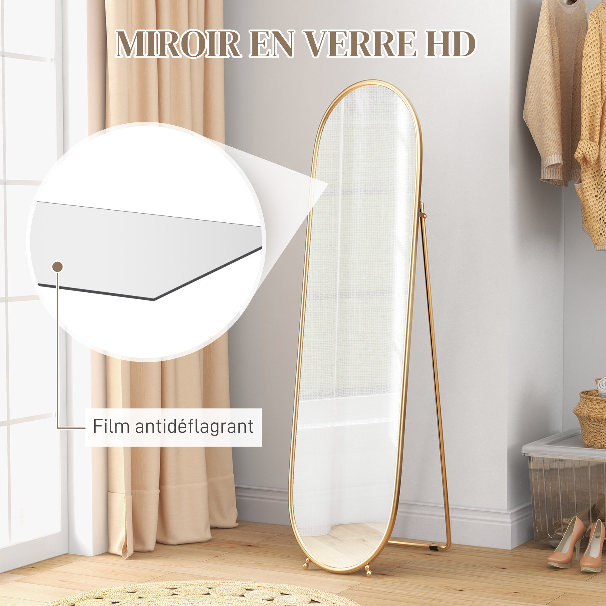 Grand miroir sur pied - miroir mural ovale avec support - dim. 40L x 160H cm - métal doré