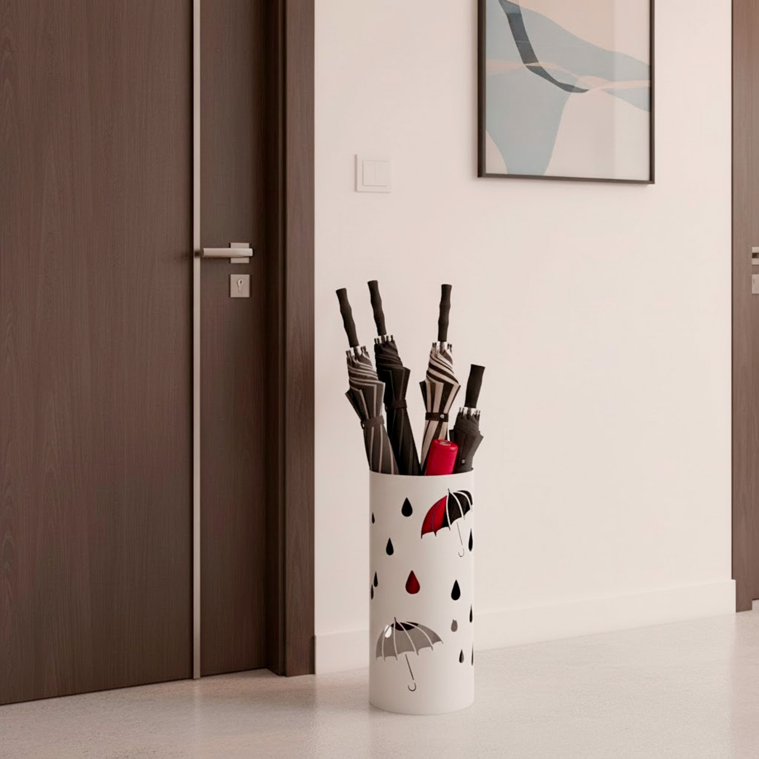 Portaombrelli Rotondo In Acciaio Zincato Con Vaschetta Scolapioggia E 4 Ganci Removibili Base Antiscivolo Design Moderno Ingresso 41 x 17 Cm Bianco