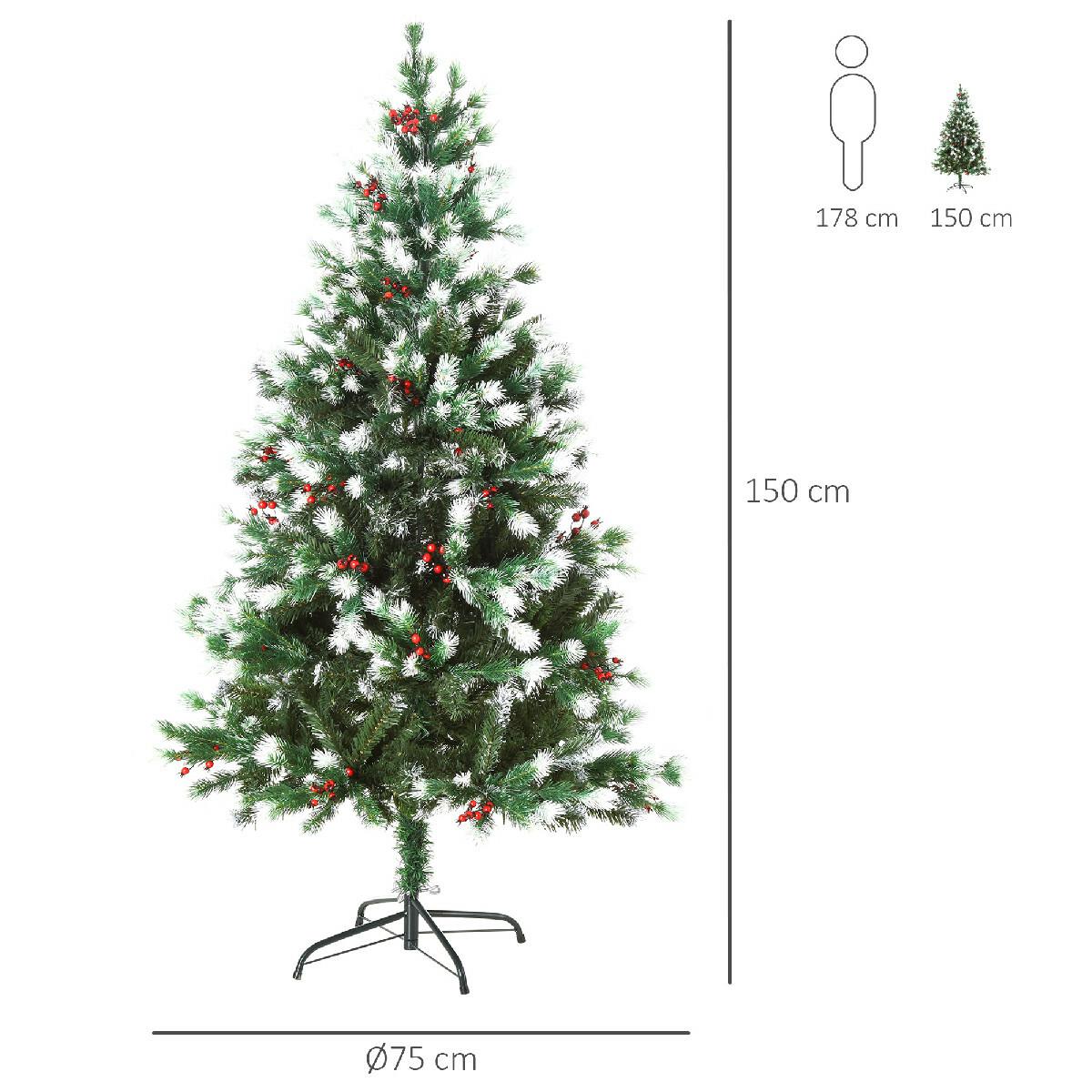 Sapin de Noël artificiel branches enneigées Ø 75 x 150H cm 554 branches épines imitation Nordmann grand réalisme 41 houx