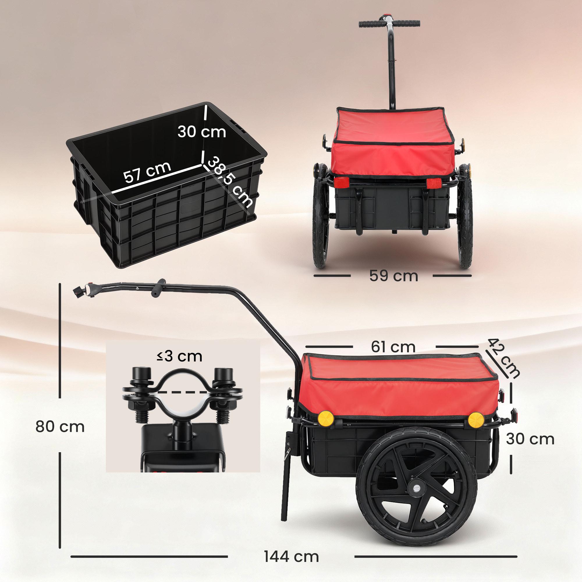 Remolque de Bicicleta para Carga 40 kg, Carro de Mano con Cubierta de Tela Oxford Impermeable, Reflectores, Marco de Acero y Asas para Transporte de Equipaje, 144x59x80 cm, Rojo y Negro