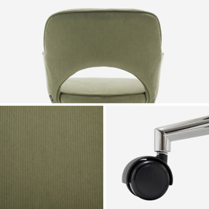 Chaise de bureau à roulettes velours côtelé kaki piétement chromé. L 60 x P 62 x H 89 / 99cm