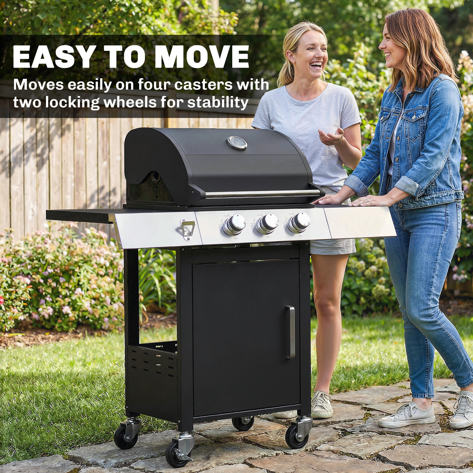 Barbacoa de Gas BBQ Gas con 3 Quemadores 8,1 kW Barbacoa Portátil con Termómetro Mesas Laterales Armario Rejilla Calentadora Parrillas de Hierro Fundido Recogedor Grasa y 4 Ruedas Negro
