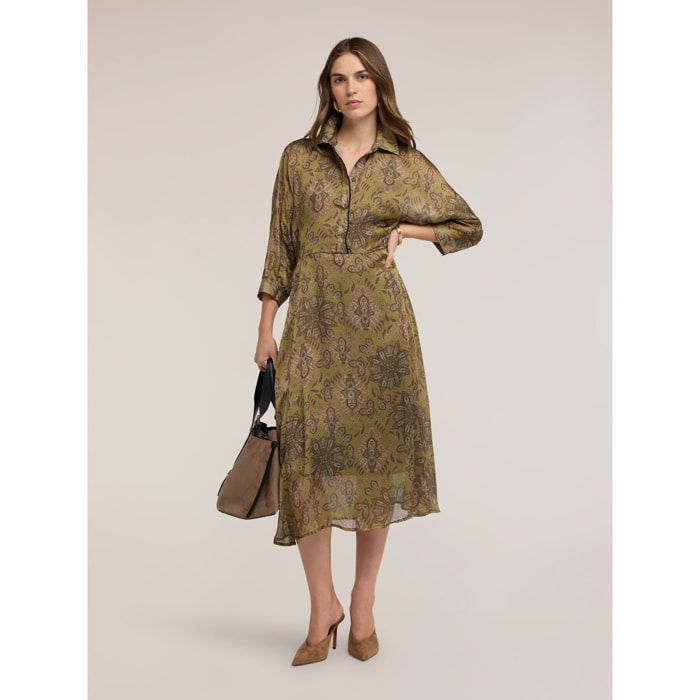Motivi - Vestido camisero de satén con estampado - Verde militare