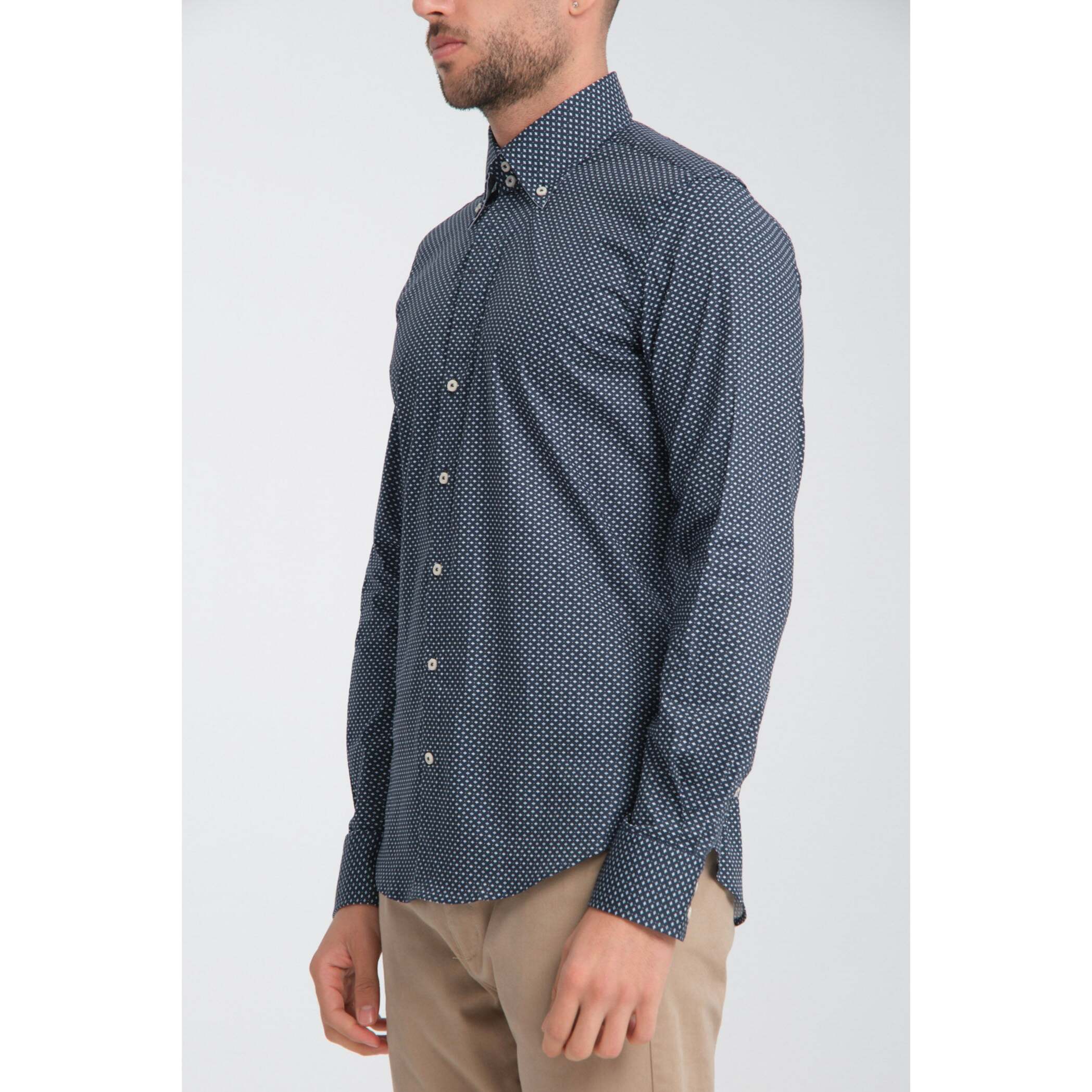 Camicia Uomo 2 Bottoni Button Down Slim Popeline Stretch Stampato Blu\Bianco
