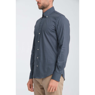 Camicia Uomo 2 Bottoni Button Down Slim Popeline Stretch Stampato Blu\Bianco