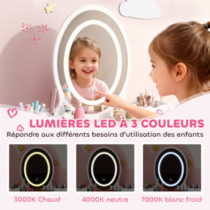 Coiffeuse enfant en bois style scandinave - tabouret assorti, miroir LED 3 couleurs intégré - bois blanc