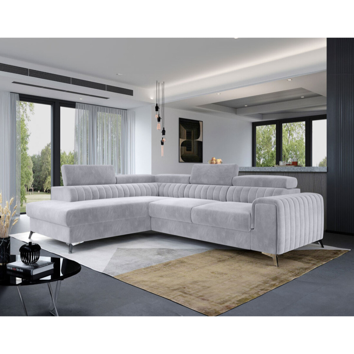 Talisay - canapé d'angle gauche - 5 places - convertible avec coffre - en velours - Gris clair