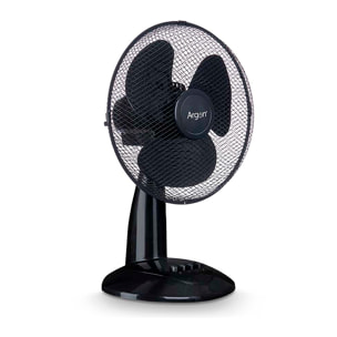 Ventilatore da tavolo nero con oscillazione di 75º. Potenza di 45W e 3 velocità.