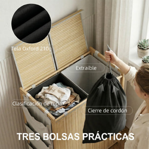 Cesto de Ropa Sucia con Tapa, 120L, Cesta Ropa Sucia de Bambú con 2 Compartimentos, Bolsas con Cordón Extraíbles y Lavables, Bolsillos Laterales, para Lavandería, 63x33x78 cm, Natural