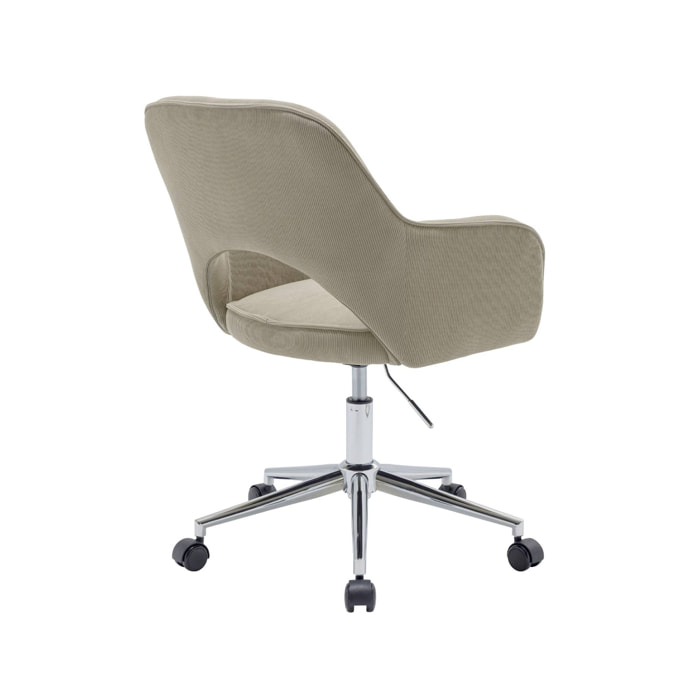 Chaise de bureau à roulettes velours côtelé taupe piétement chromé. L 60 x P 62 x H 89 / 99cm