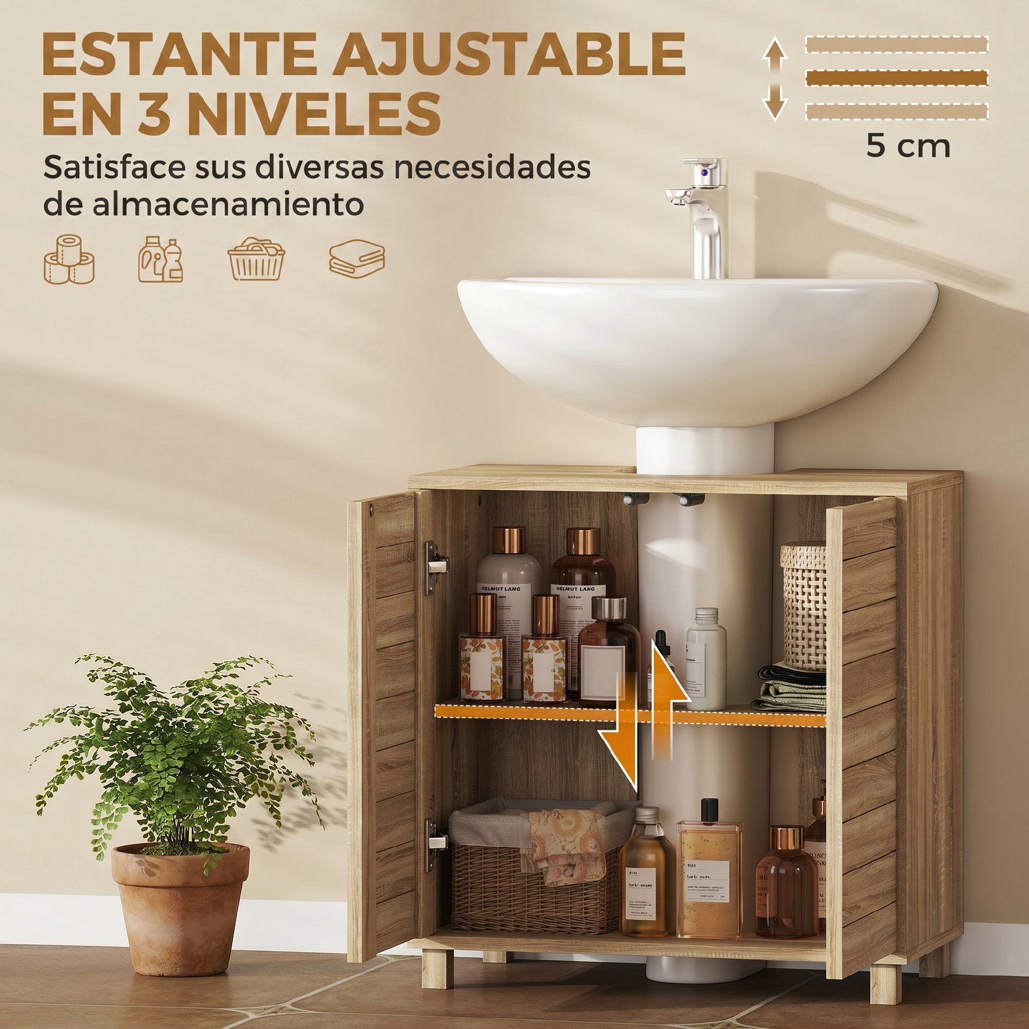 Mueble Bajo Lavabo, Mueble de Baño con Estante Ajustable, Puertas de Listones y Apertura por Presión, para Lavabo con Pedestal o Pared, 60x30x60 cm, Natural