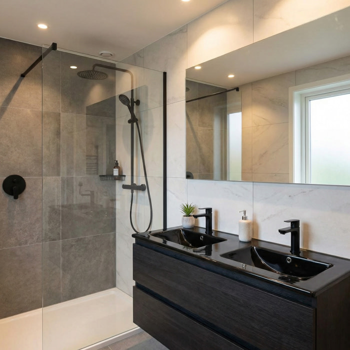 Lavabo double Modena noir mat 121×46×17,5 cm pour meuble 120 cm en céramique – 2 trous, avec trop-plein (M12046BKM) (M12046BKM)