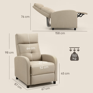 Sillón Relax Reclinable Manual, Sillón Relax de Lino con Apertura Push, Reposapiés, Respaldo Alto, Acolchado Grueso, Butaca Reclinable hasta 155º para Salón, Dormitorio, Oficina, Beige