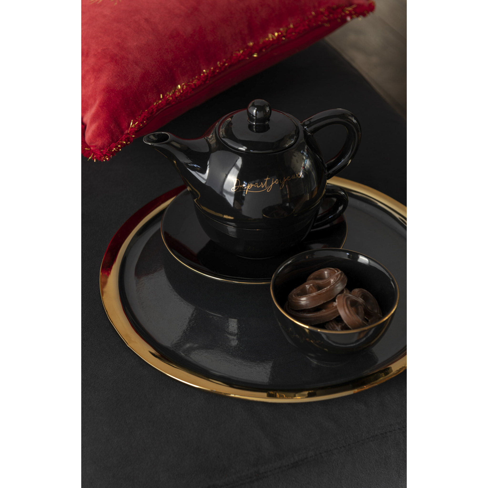 J-Line tasse + théière 'Départ Joyeux' - porcelaine - noir/or