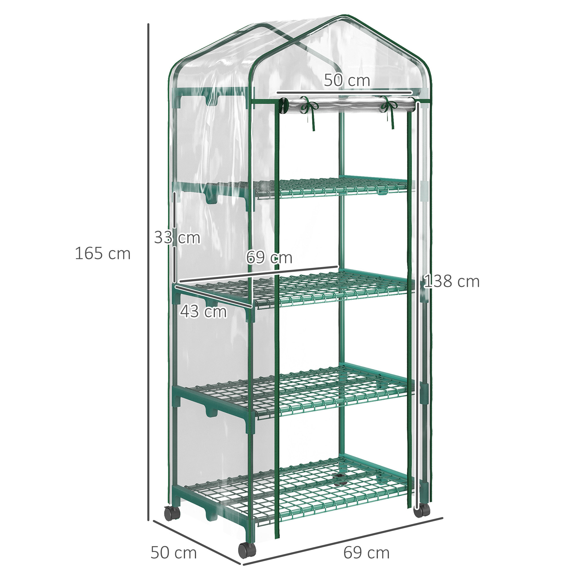 Invernadero Pequeño Invernadero de Exterior con Ruedas Estantes de 4 Niveles Puerta con Cremallera y Marco de Acero Invernadero para Cultivar Plantas Flores 69x50x165 cm Transparente