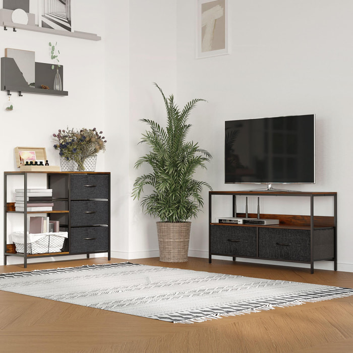 HOMCOM Mueble de TV de hasta 47'' Mesa de TV Estilo Industrial con Estante y 2 Cajones de Tela Plegables para Salón Dormitorio 98x29x56 cm Marrón Rústico y Negro