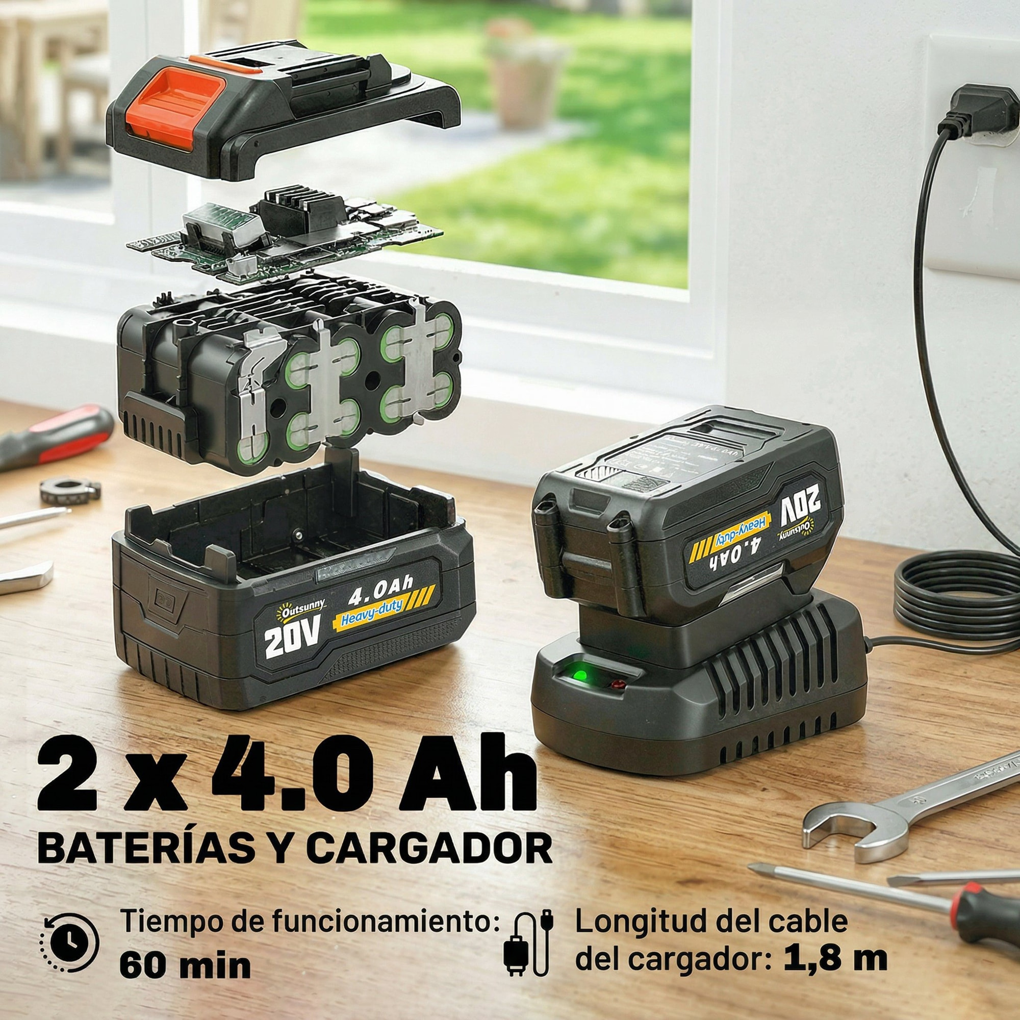 Motosierra de Batería Extensible 1,94-2,56 m, Motosierra Eléctrica con Motor 300 W, 2 Baterías 4,0 Ah, Cargador, Doble Bloqueo, Lubricación Automática, Correa, 6 m/s, para Podar Árboles