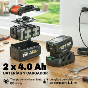 Motosierra de Batería Extensible 1,94-2,56 m, Motosierra Eléctrica con Motor 300 W, 2 Baterías 4,0 Ah, Cargador, Doble Bloqueo, Lubricación Automática, Correa, 6 m/s, para Podar Árboles