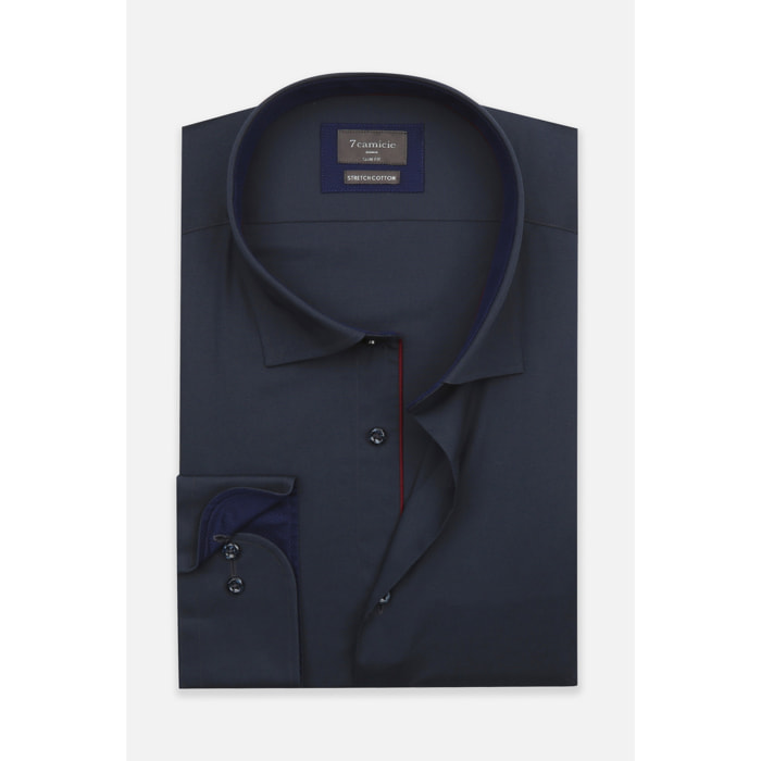 Camicia Uomo 1 Bottone Francese Slim Popeline Stretch Unito Blu