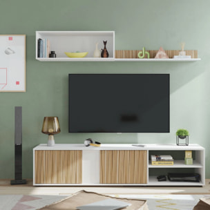 Salón con mueble de TV y estantería en blanco mate y natur 180 cm Alix Blanco Artik (Blanco Mate) - Natur