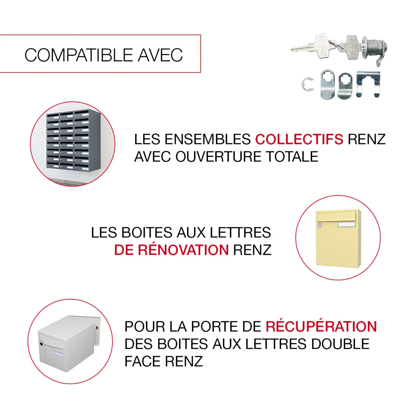 Serrure batteuse courte (coté récupération) et pour boites aux lettres (individuelles ou collectives)- RENZ - 023721