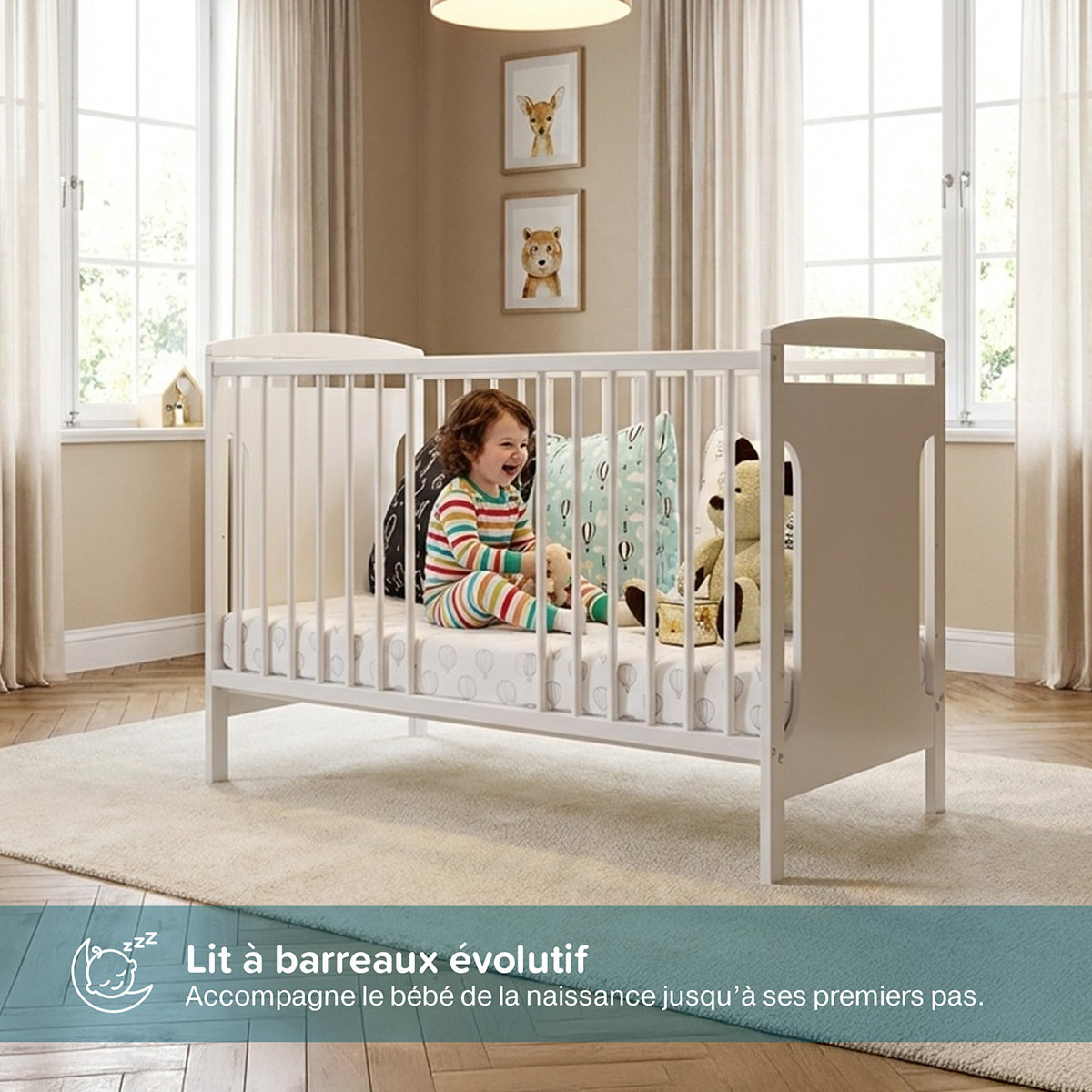 Lit Bébé Évolutif Margot 60x120 cm en Bois, Blanc, Sommier Réglable 3 Hauteurs, Barreaux Amovibles