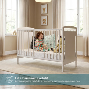 Lit Bébé Évolutif Margot 60x120 cm en Bois, Blanc, Sommier Réglable 3 Hauteurs, Barreaux Amovibles