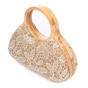 Avisio borsa a mano realizzata in legno naturale, cotone e juta con design a rete in tessuto floreale