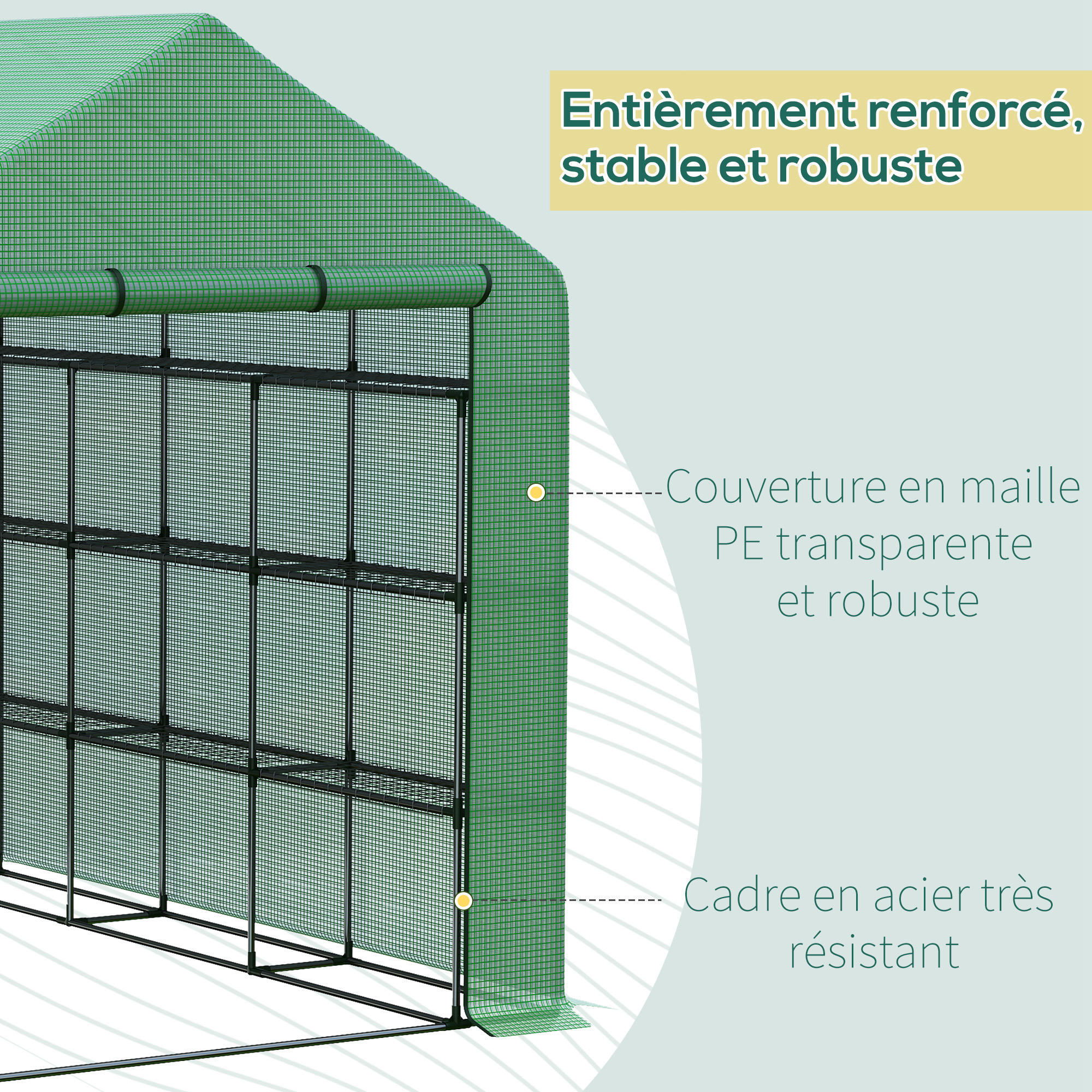 Serre de jardin 6 étagères dim. 244L x 180l x 210H cm porte enroulable acier noir bâche PE vert