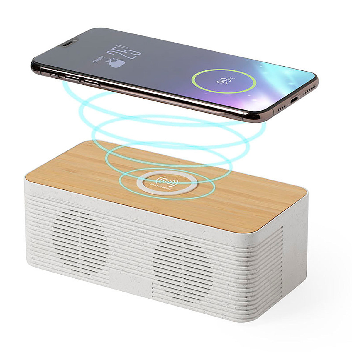 Altoparlante caricabatterie wireless con ricarica rapida da 10 W. Connessione Bluetooth. Potenza sonora 5W. Batteria da 1.200 mAh