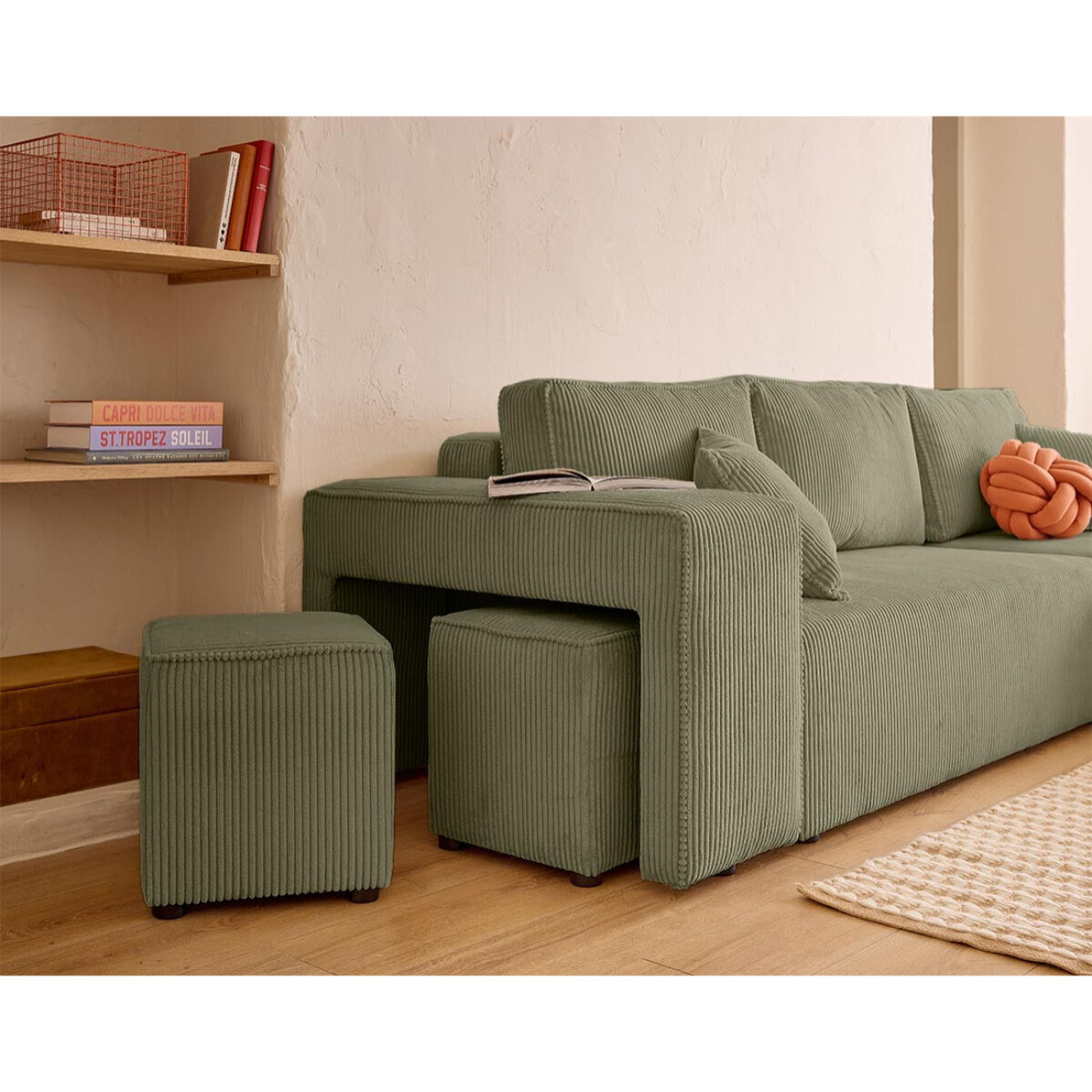 Topaze - canapé d'angle réversible 4 places - convertible avec coffre, tablette et poufs - en velours côtelé - Vert Kaki