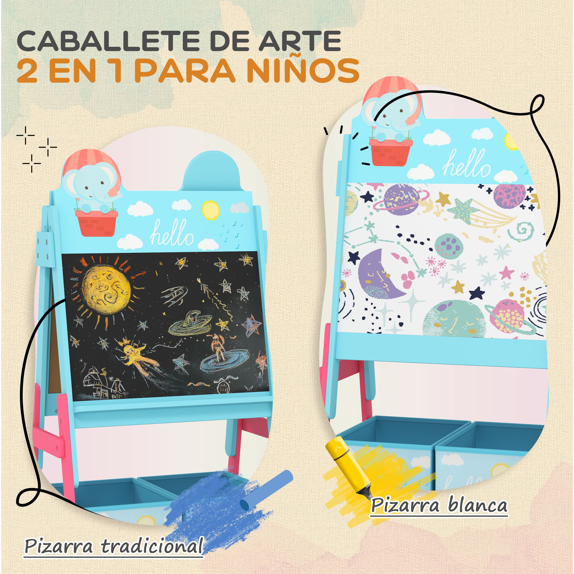 Pizarra Infantil Caballete 2 en 1 Pizarra Infantil de Doble Cara con 2 Cajas de Tela Caballete de Pintura para Niños con Estampado de Animales 53,5x49x113 cm Azul