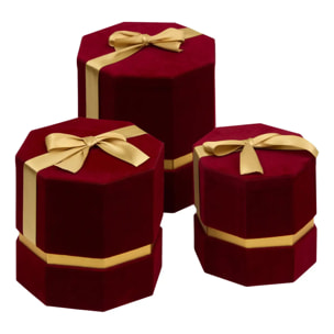 Lot de 3 boîtes cadeau de Noël hexagonales en velours rouge
