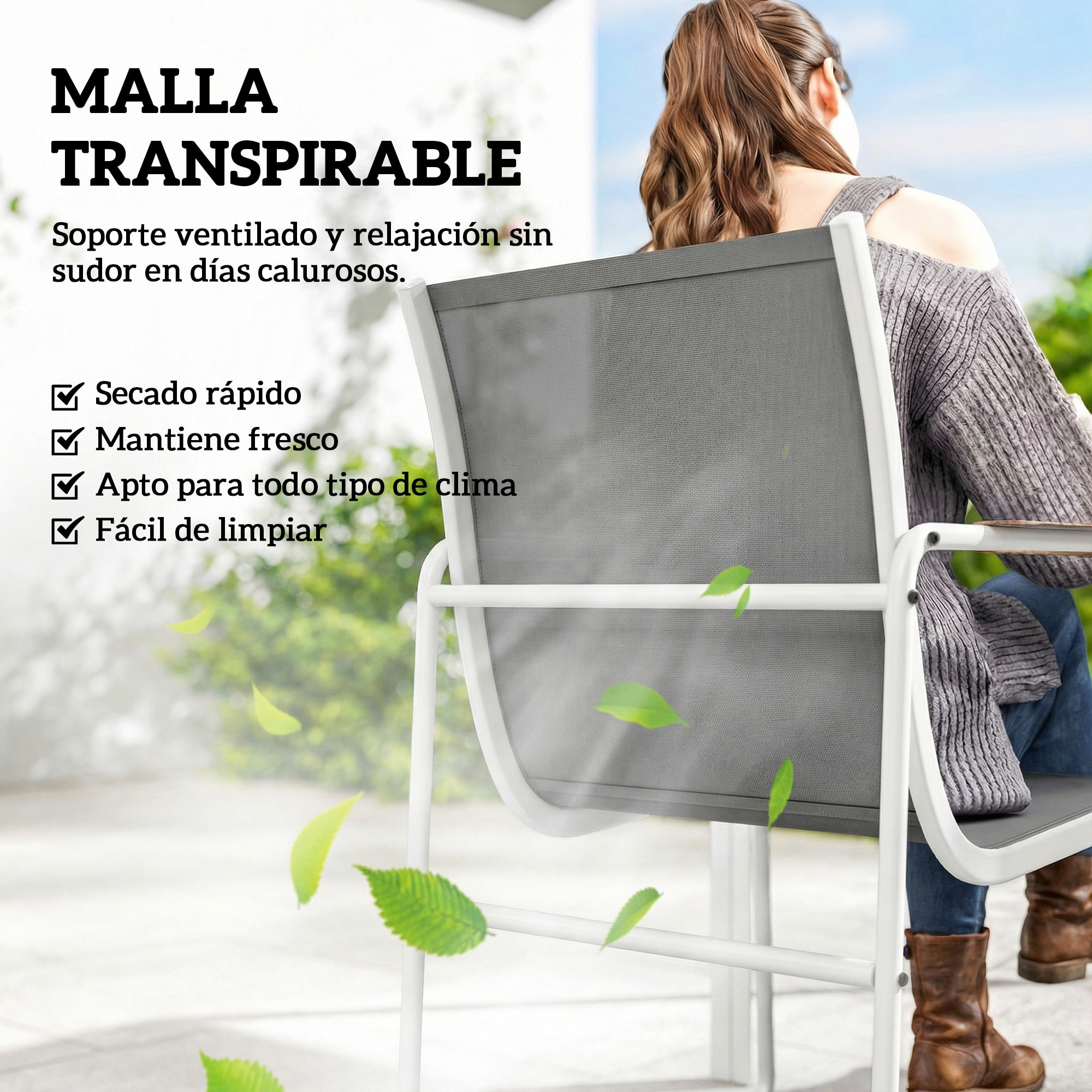 Conjunto de Mesa y Sillas Jardín de 7 Piezas, Muebles Jardín Exterior con Mesa de Vidrio Templado, 6 Sillas Transpirables Decorativas, Marco de Acero Resistente a la Intemperie, Blanco y Gris