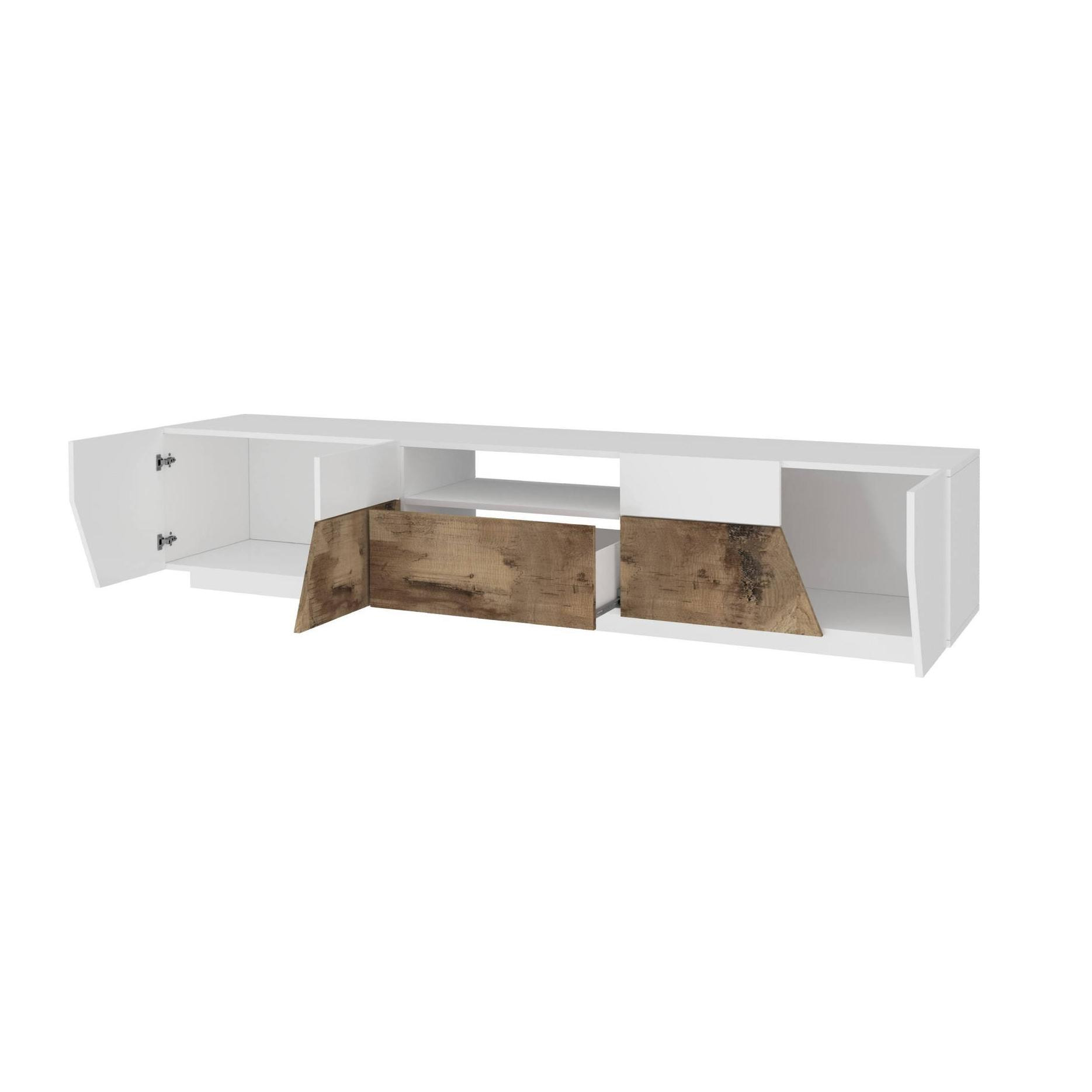 Mobile da soggiorno Porta TV, Made in Italy, Supporto per TV da salotto a 4 ante geometriche e 1 cassetto, Cm 220x43h46, Bianco lucido e Acero