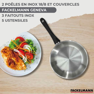 Set de 2 poêles inox, couvercle verre, 3 faitouts inox et 6 ustensiles RPET Fackelmann Geneva