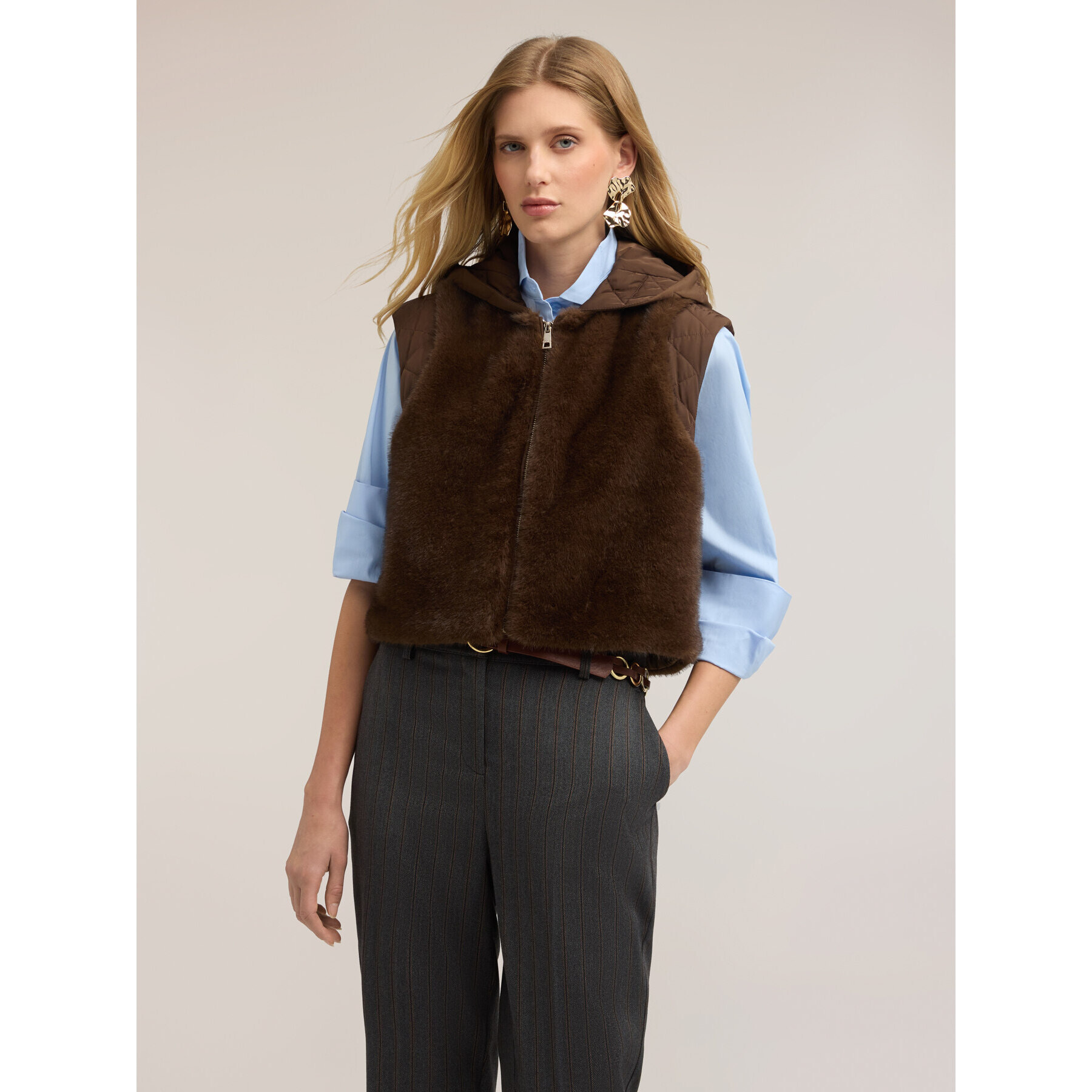 Motivi - Gilet con cappuccio e inserti trapuntati - Marrone